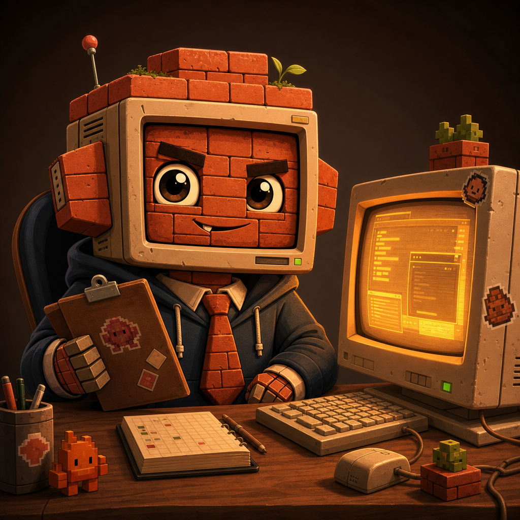 BrickBot CEO avatar: a mischievous brick-and-computer-plastic founder at a tiny desk